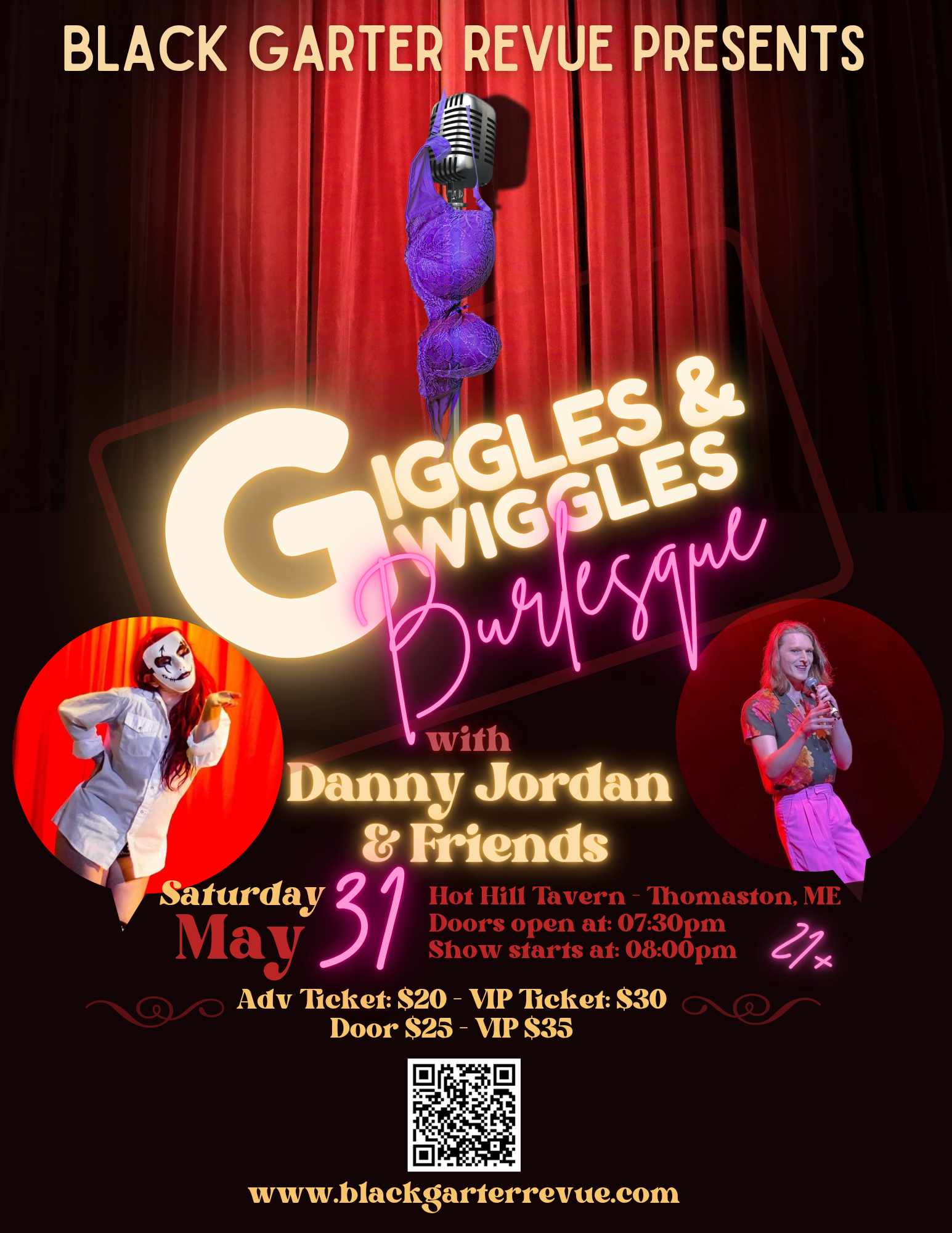 Stage with a red velvet curtian, microphone on a stand, purple bra hanging off of the microphone. Seraphina Syren and Danny Jordan overlaid on the stage. Saturday, May 31st, at Hot Hill Tavern in Thomaston Maine. Doors open 7:30, show starts 8:00. Advanced tickets $20 GA, $30 VIP. Door tickets $25 GA, $35 VIP.